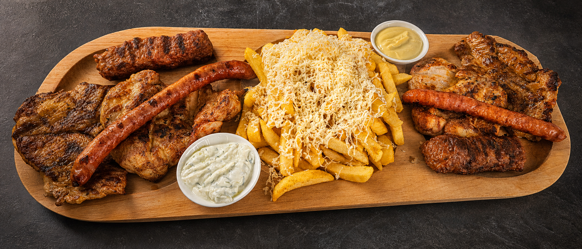 Romanian mixed grill platter with grilled meats, sausages, cheese-topped fries and sauces